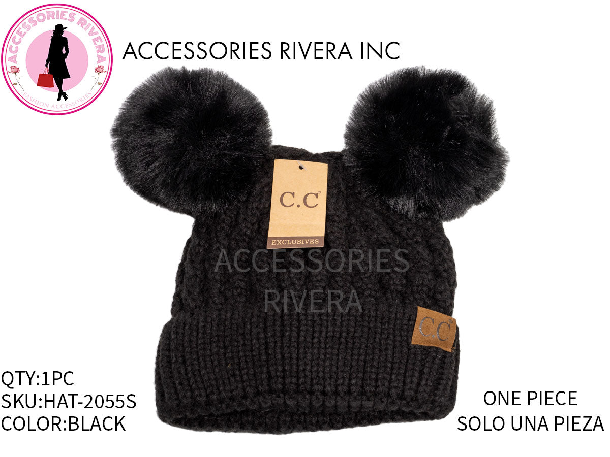 BEANIE C.C BLACK DOUBLE POM-POM