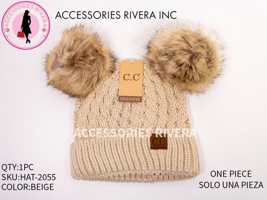 BEANIE C.C BEIGE DOUBLE POM-POM