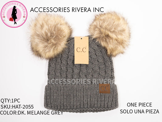 BEANIE C.C DK. MELANGE GREY DOUBLE POM-POM