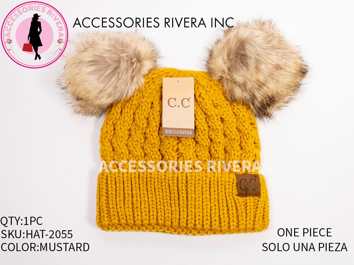 BEANIE C.C MUSTARD DOUBLE POM-POM