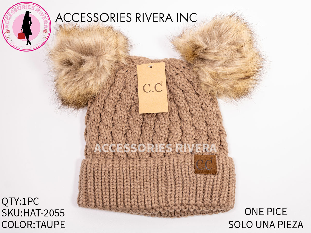 BEANIE C.C TAUPE DOUBLE POM-POM